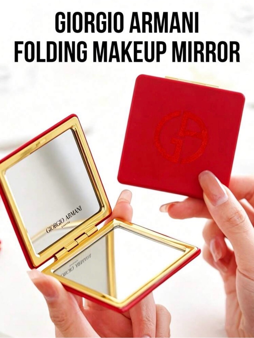 Giorgio Armani Red Compact Folding Makeup Mirror with Gold Trim